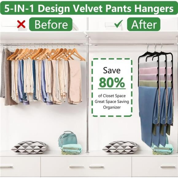 Velvet Pants Hangers Set Space Saving 5 Tier Closet Organizer for Jeans - Picture 4 of 7